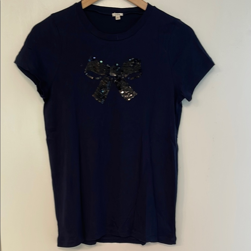 J Crew Navy Blue T-Shirt with Black Sequin Bow